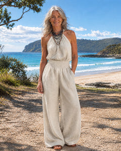 Britta | Cross-Neck Wide-Leg Jumpsuit on Bruny Island, Beige colourway