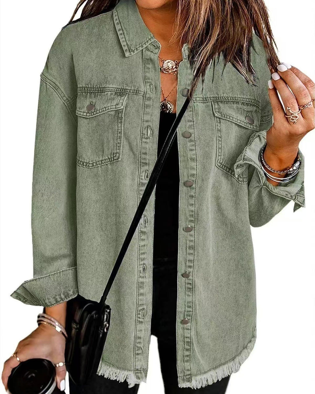 Hetty | Frayed-Hem Denim Shirt Jacket – Olive