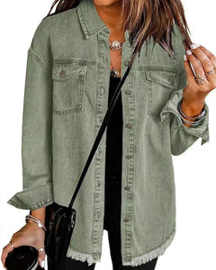Hetty | Frayed-Hem Denim Shirt Jacket – Olive