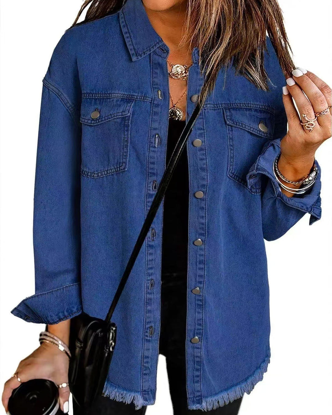 Hetty | Frayed-Hem Denim Shirt Jacket – Navy