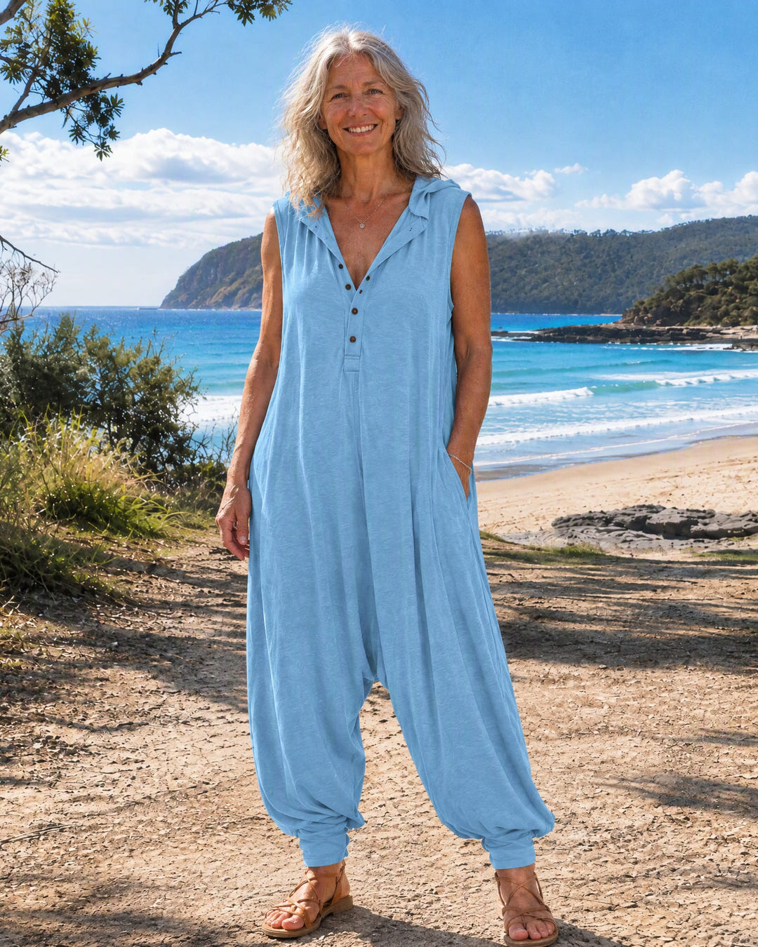 Rae | Casual Hooded Harem Jumpsuit on Bruny Island, Sky Blue colourway