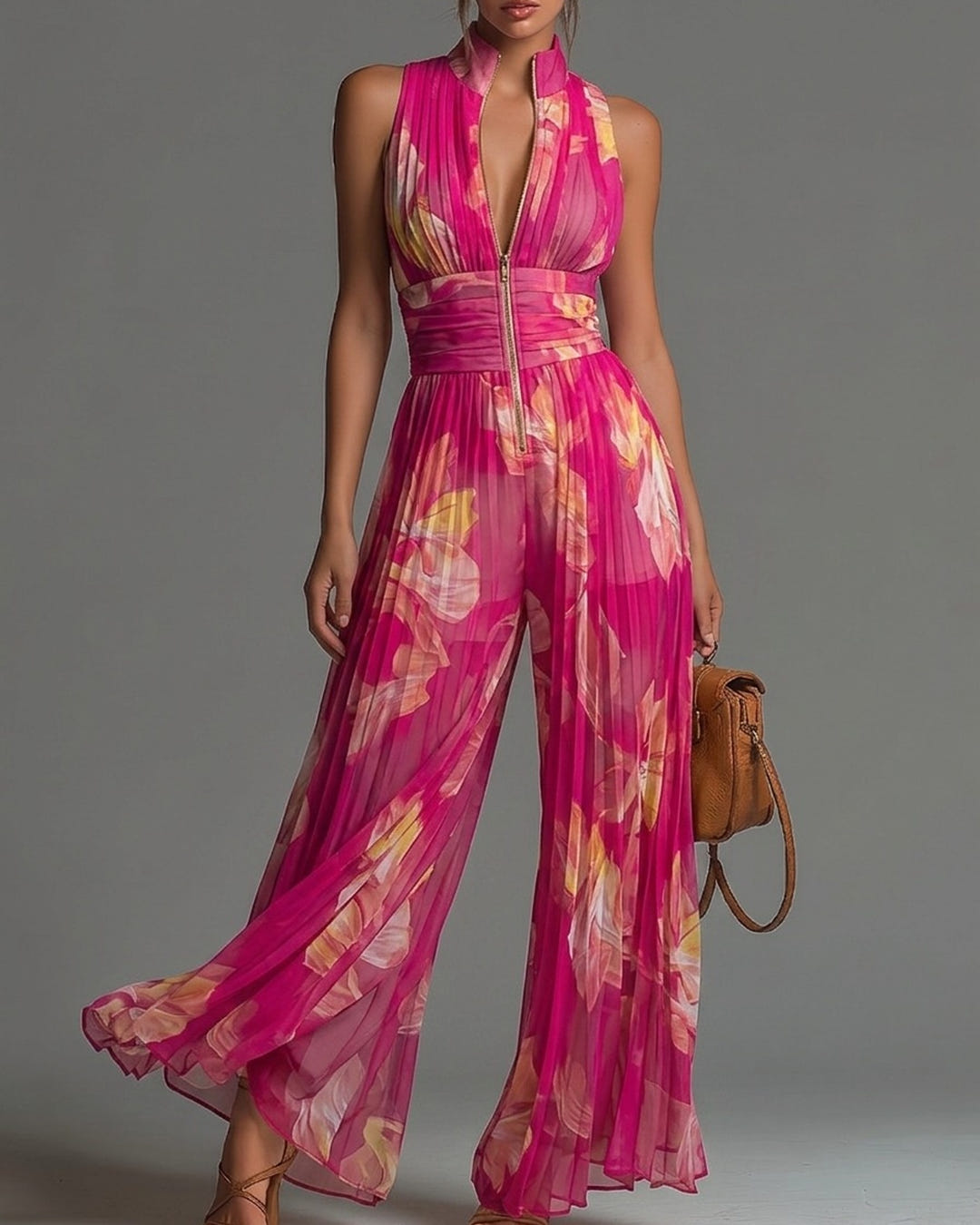 Vivi | Pleated Floral Halter Jumpsuit – Pink Floral