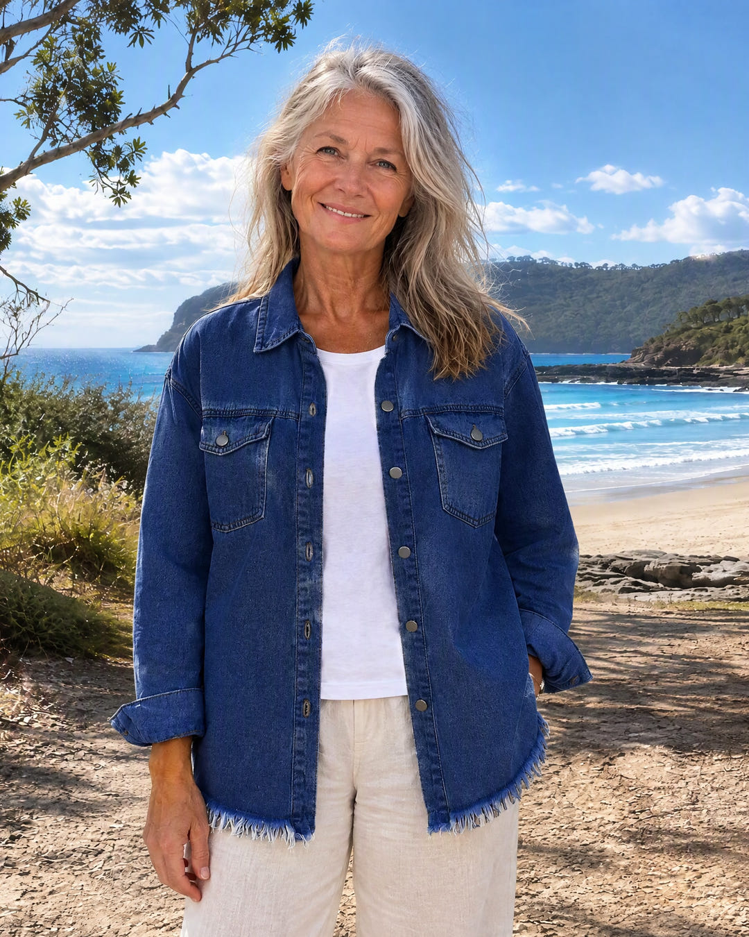 Hetty | Frayed-Hem Denim Shirt Jacket on Bruny Island, Navy colourway