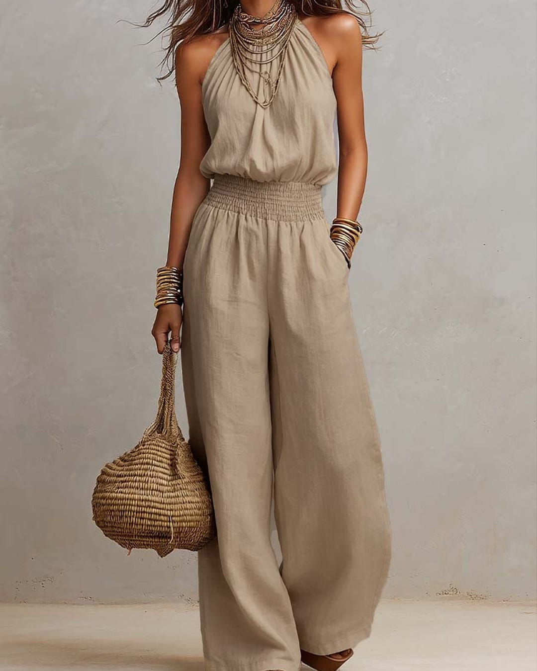 Dagny | Halter-Neck Smocked Linen Jumpsuit – Khaki