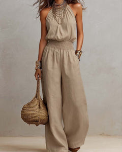 Dagny | Halter-Neck Smocked Linen Jumpsuit – Khaki