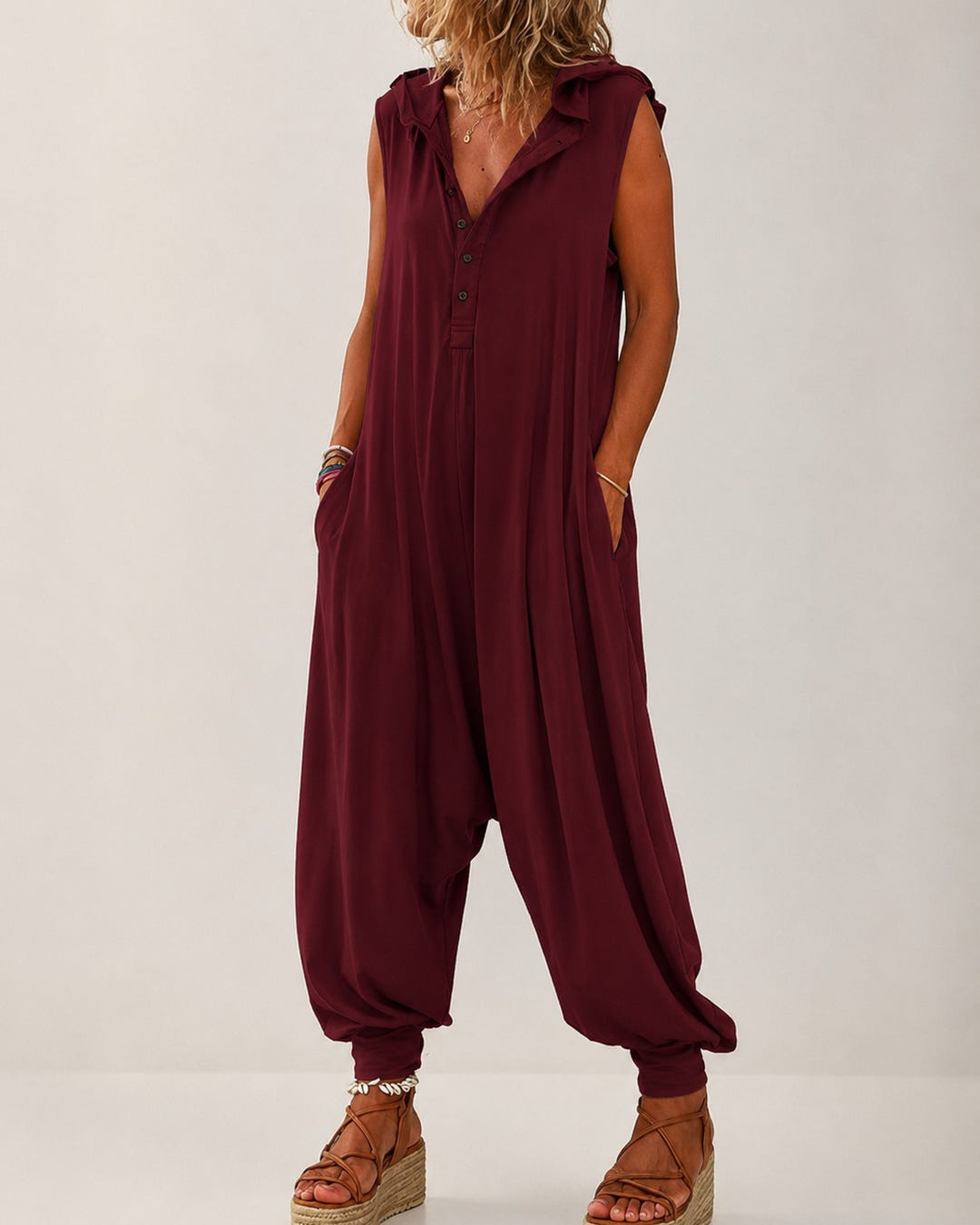 Rae | Casual Hooded Harem Jumpsuit – Red