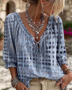 Mila | Boho Print Tie-Neck Blouse – Mist Blue