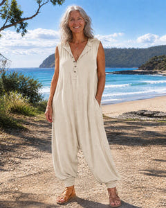 Rae | Casual Hooded Harem Jumpsuit on Bruny Island, Apricot colourway