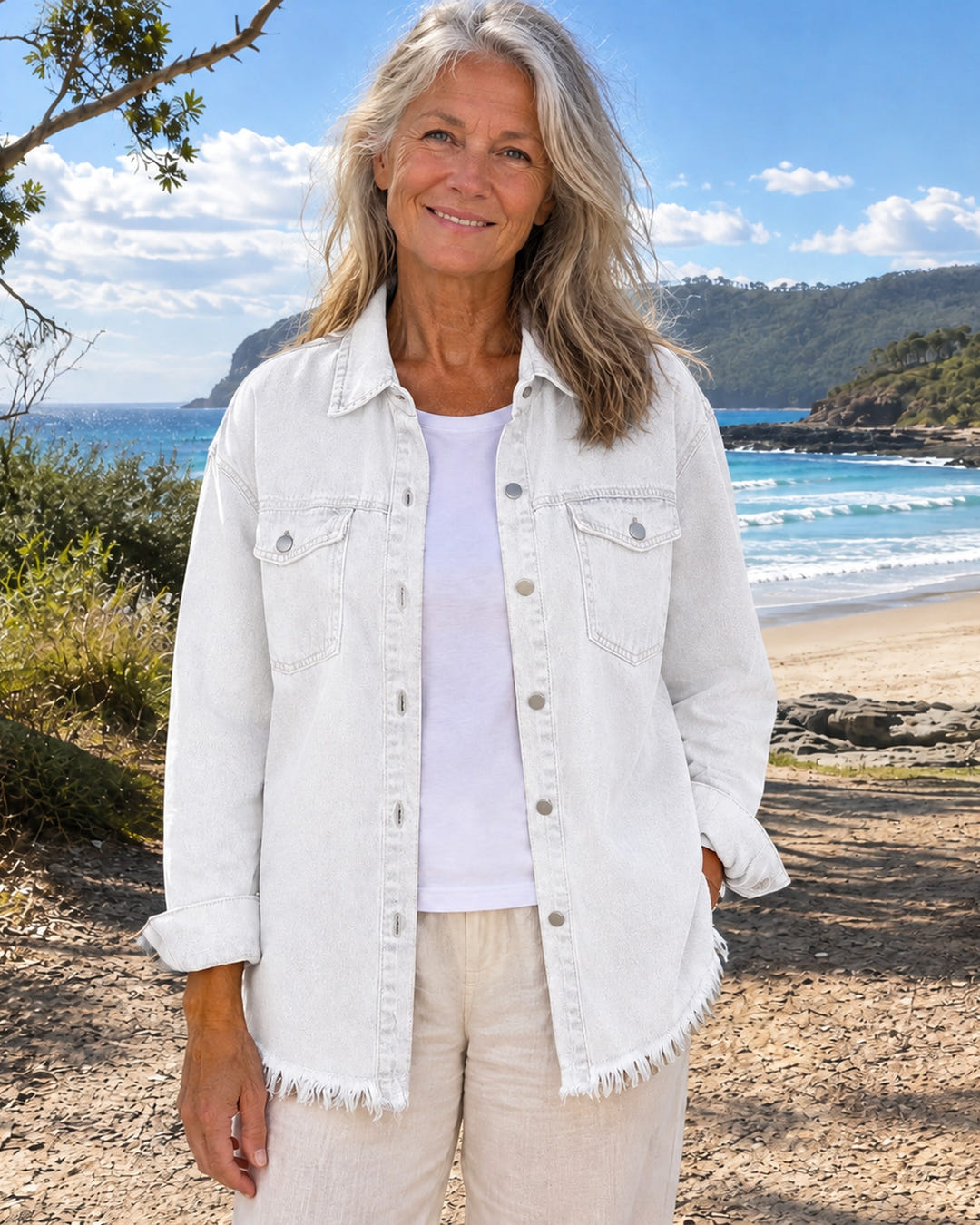Hetty | Frayed-Hem Denim Shirt Jacket on Bruny Island, White colourway