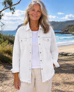 Hetty | Frayed-Hem Denim Shirt Jacket on Bruny Island, White colourway