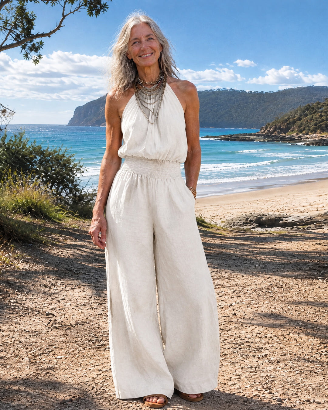Dagny | Halter-Neck Smocked Linen Jumpsuit on Bruny Island, White colourway