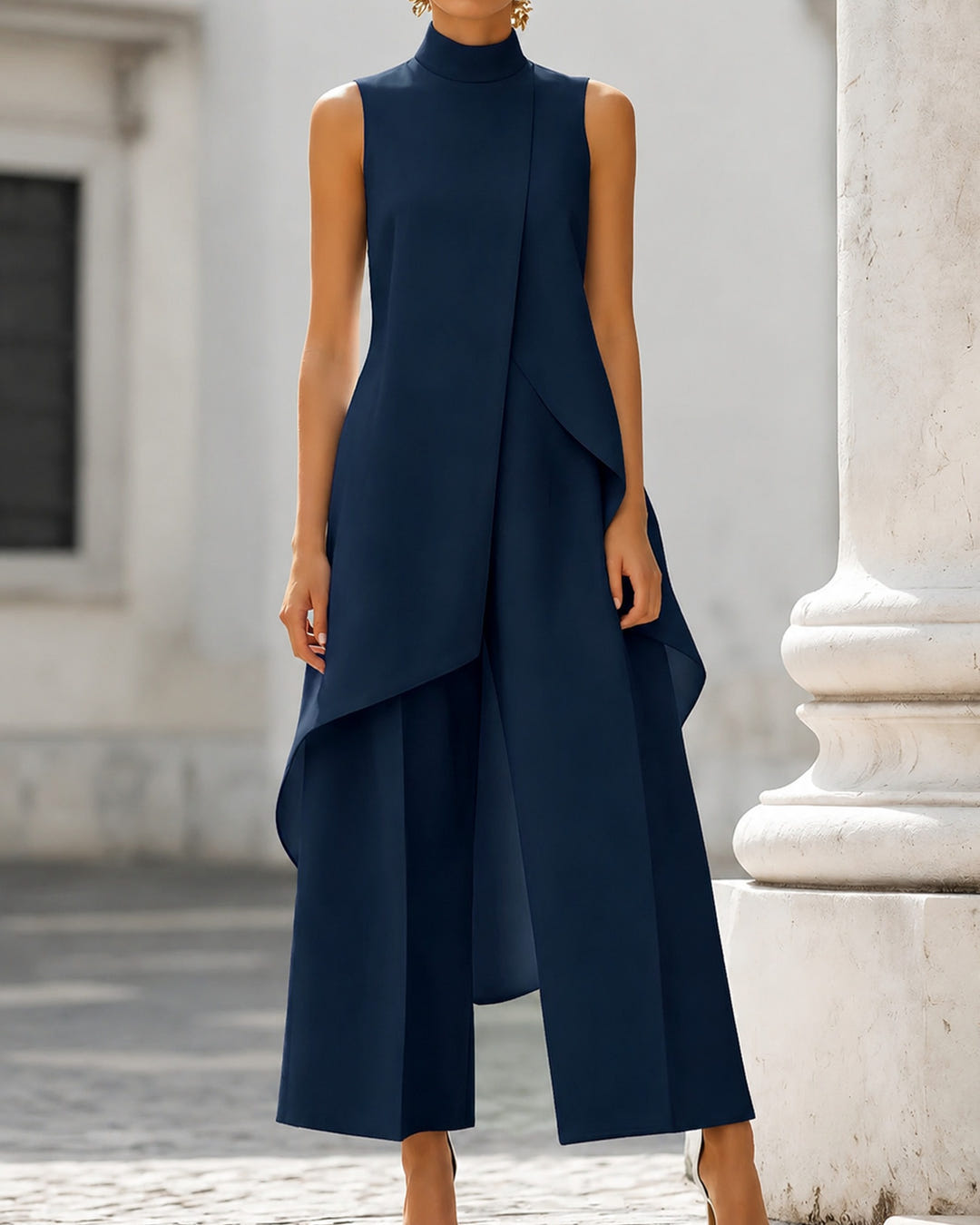Sidonie | Asymmetric Layered Wide-Leg Jumpsuit – Navy Blue