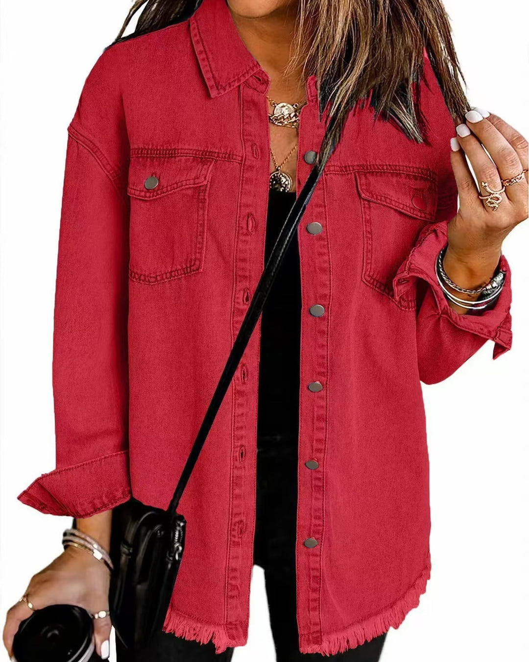 Hetty | Frayed-Hem Denim Shirt Jacket – Red