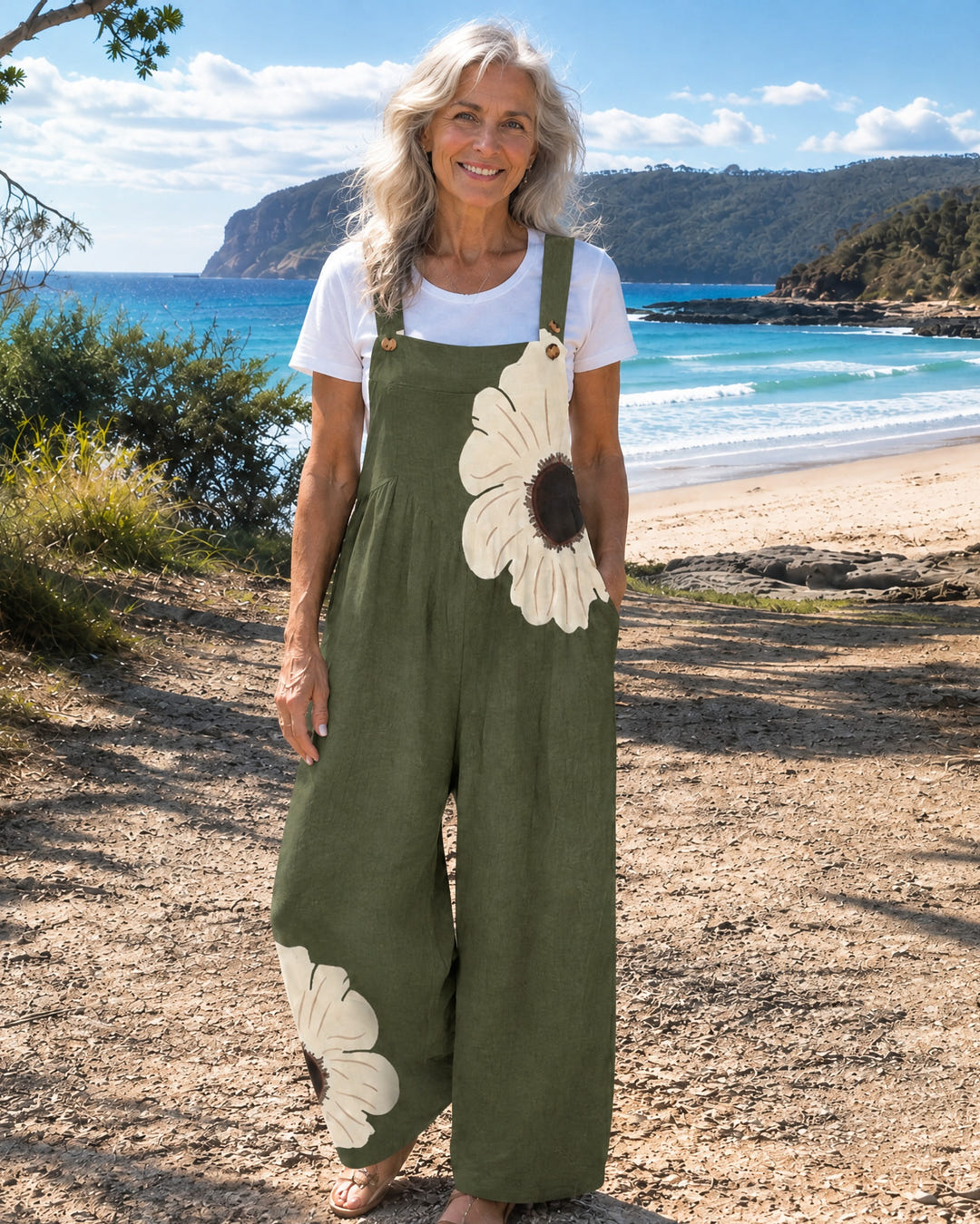Clover | Daisy Print Wide-Leg Dungarees on Bruny Island, Olive colourway