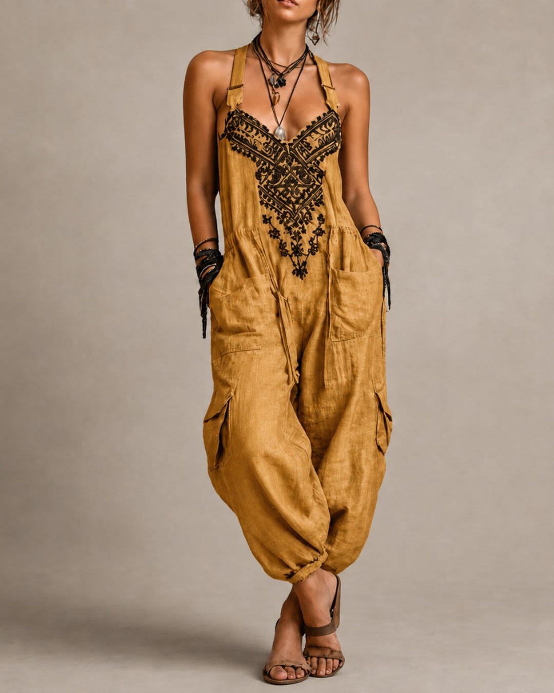 Mae | Embroidered Boho Dungaree Jumpsuit – Yellow