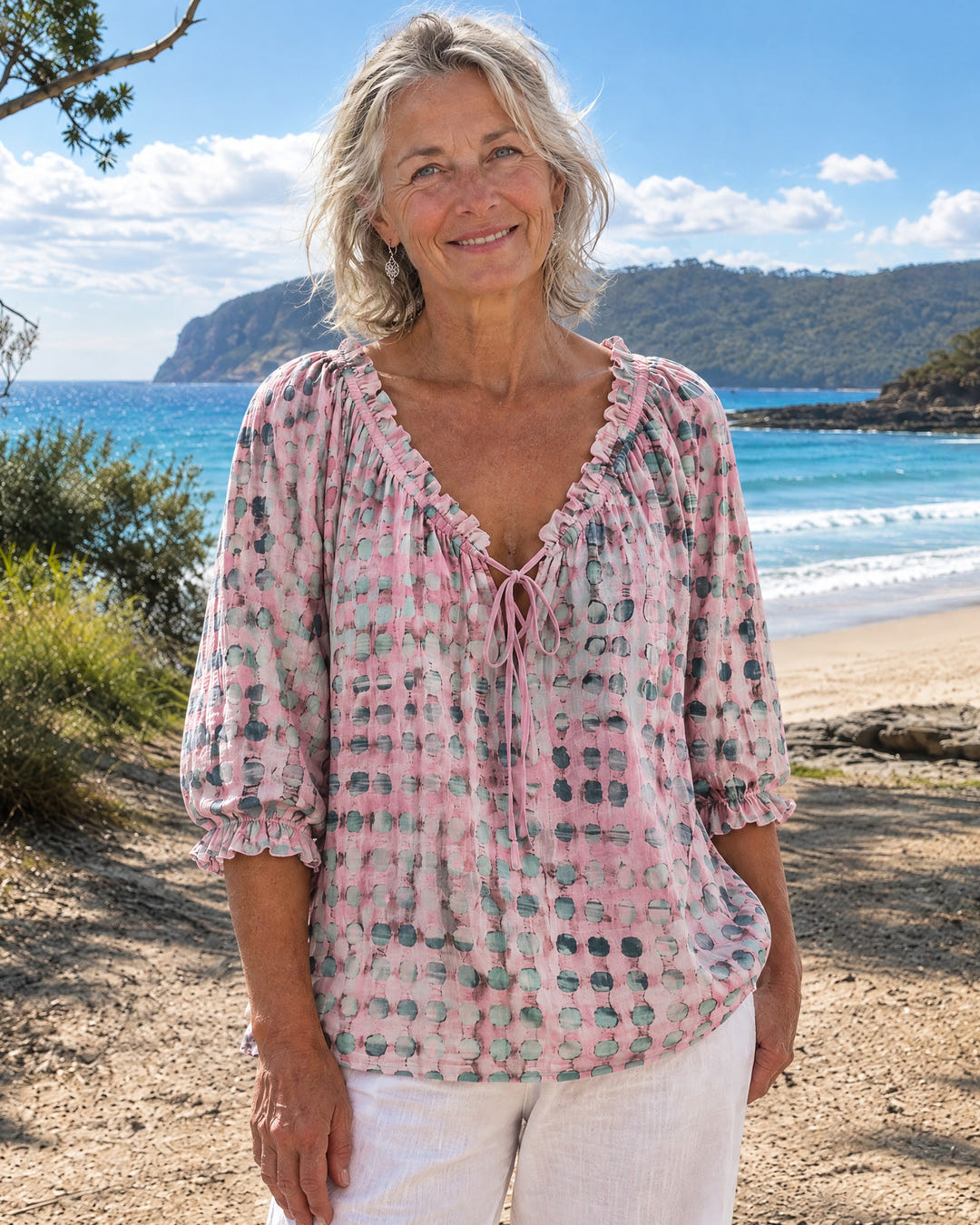 Mila | Boho Print Tie-Neck Blouse on Bruny Island, Pink colourway