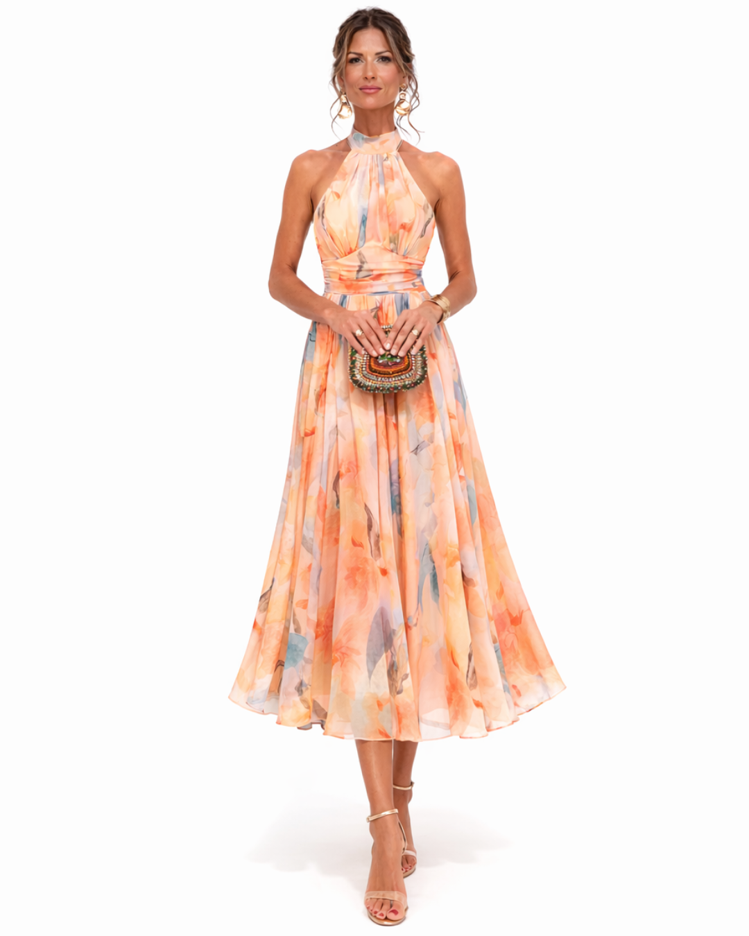 Tracey | Halter-Neck Watercolour Maxi Dress
