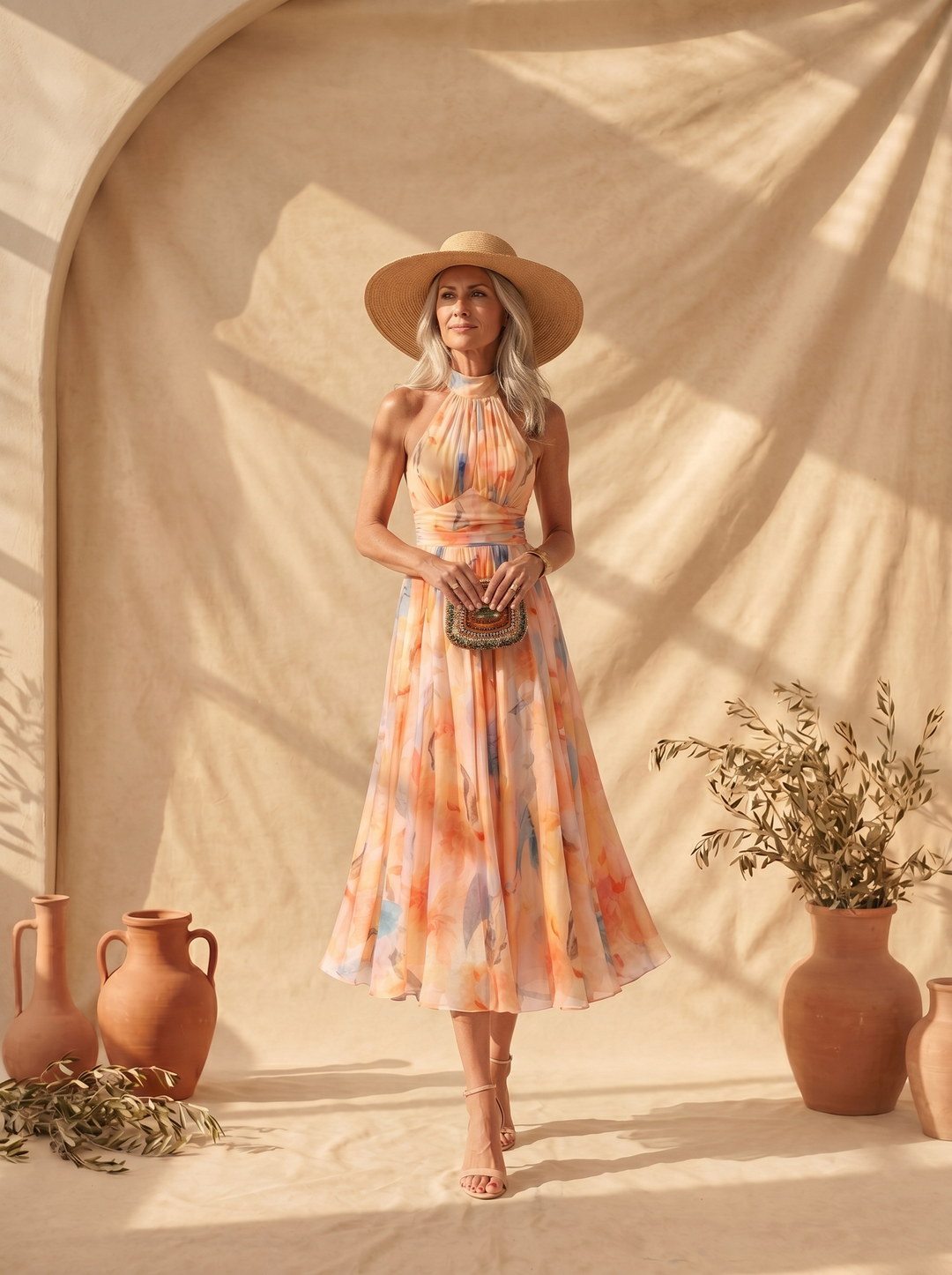 Tracey | Halter-Neck Watercolour Maxi Dress