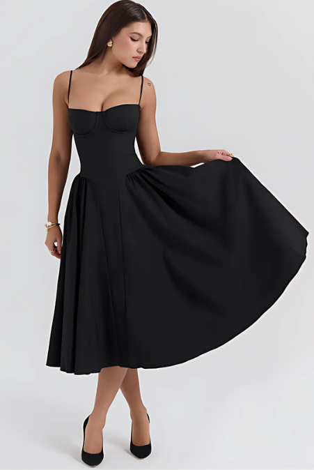 Ella | Corseted Midi Dress With Flowing Skirt