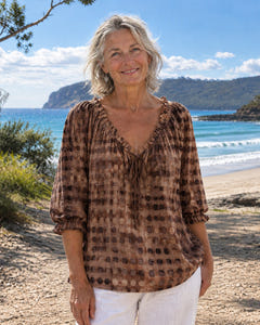 Mila | Boho Print Tie-Neck Blouse on Bruny Island, Brown colourway