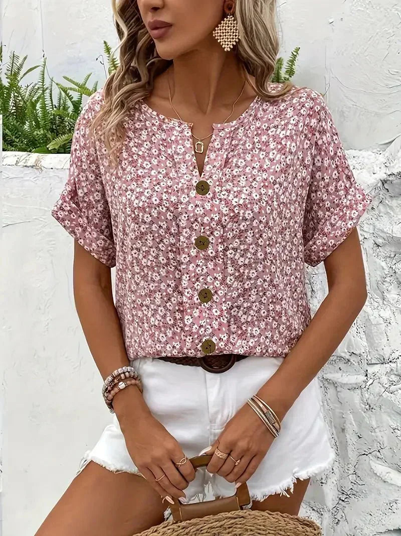Dani | Wildflower Notch Blouse | Floral Short-Sleeve Blouse