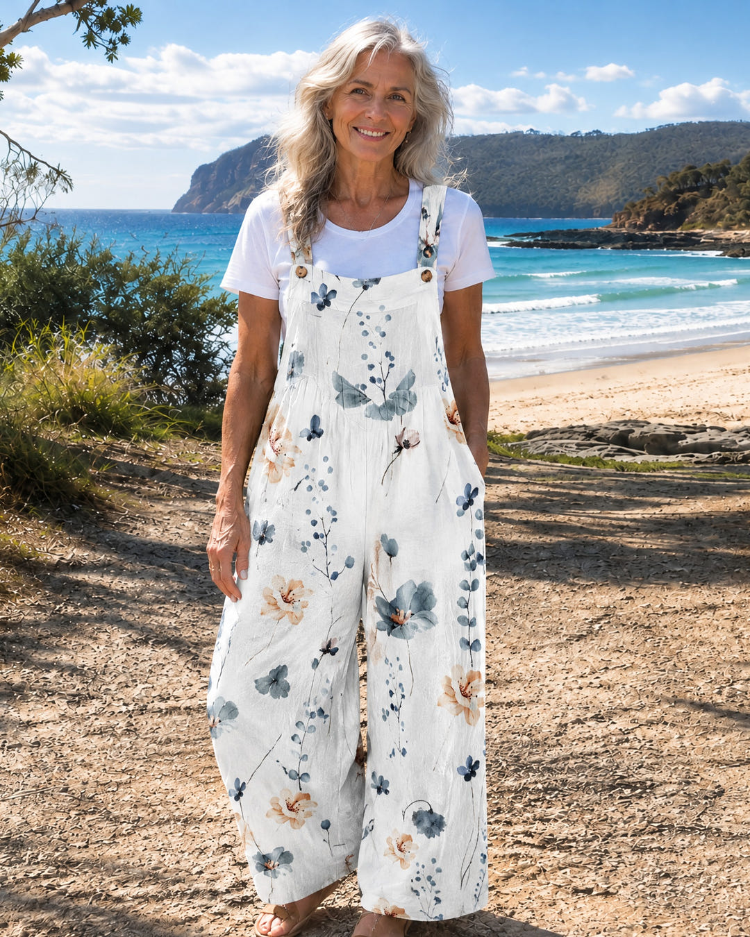 Clover | Daisy Print Wide-Leg Dungarees on Bruny Island, White Floral colourway