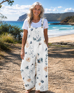 Clover | Daisy Print Wide-Leg Dungarees on Bruny Island, White Floral colourway
