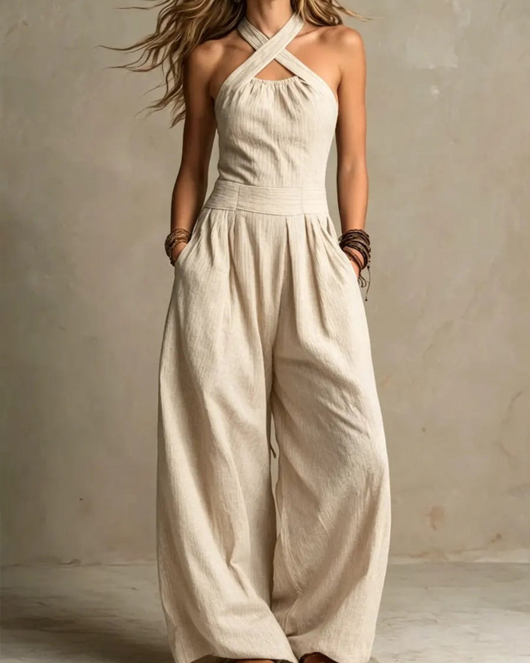 Britta | Cross-Neck Wide-Leg Jumpsuit – Beige