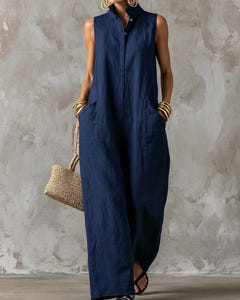 Essie | Minimalist Wide-Leg Linen Jumpsuit – Navy Blue