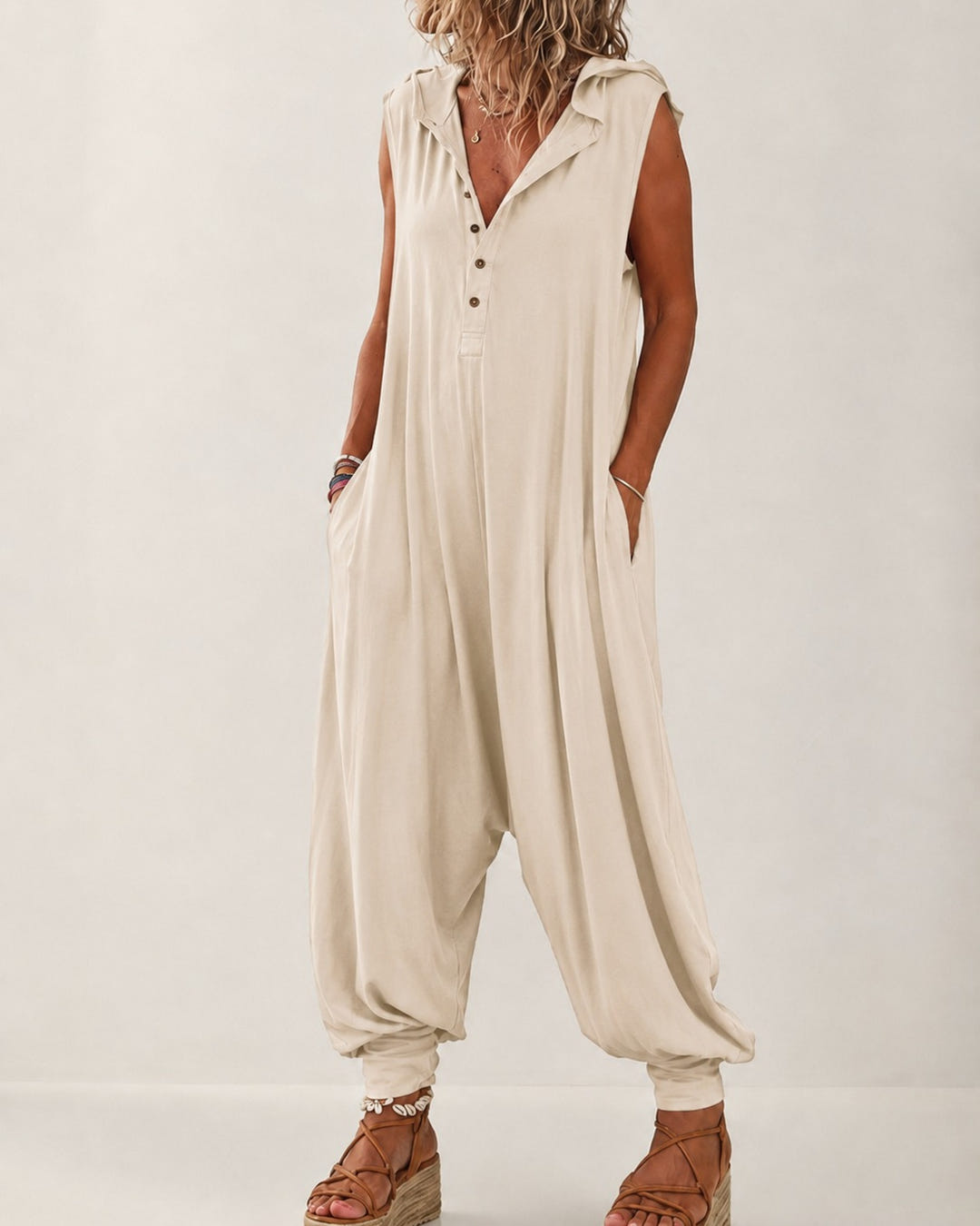 Rae | Casual Hooded Harem Jumpsuit – Apricot