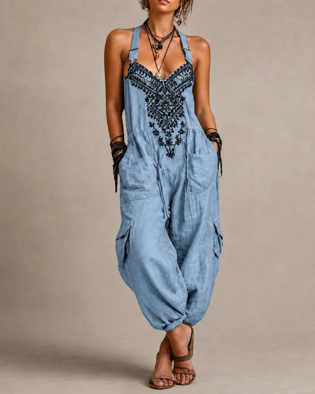 Mae | Embroidered Boho Dungaree Jumpsuit – Blue