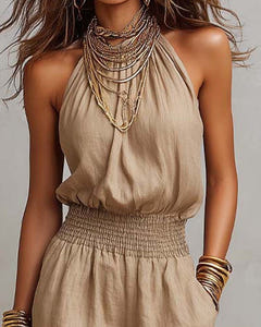 Dagny | Halter-Neck Smocked Linen Jumpsuit