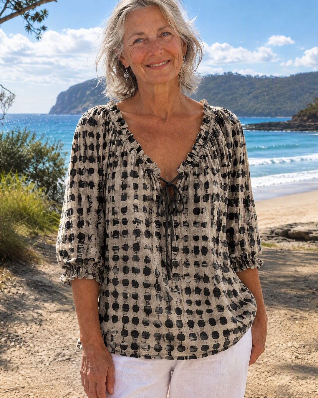 Mila | Boho Print Tie-Neck Blouse on Bruny Island, Black colourway