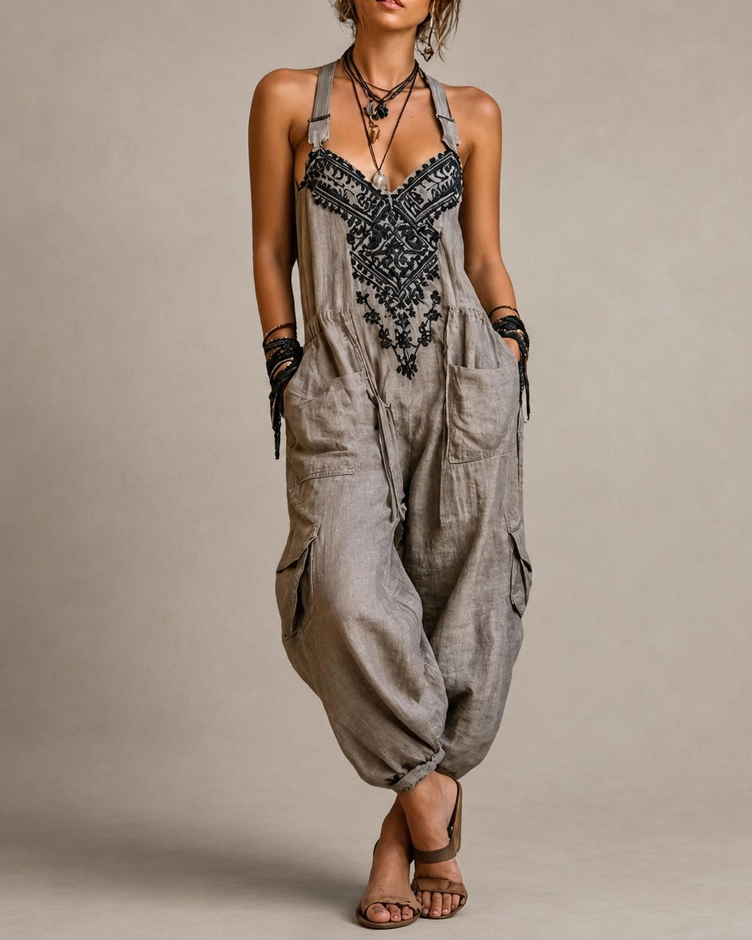 Mae | Embroidered Boho Dungaree Jumpsuit – Grey