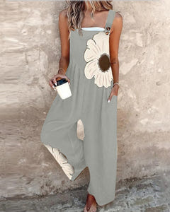 Clover | Daisy Print Wide-Leg Dungarees – Grey