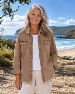 Hetty | Frayed-Hem Denim Shirt Jacket on Bruny Island, Tan colourway