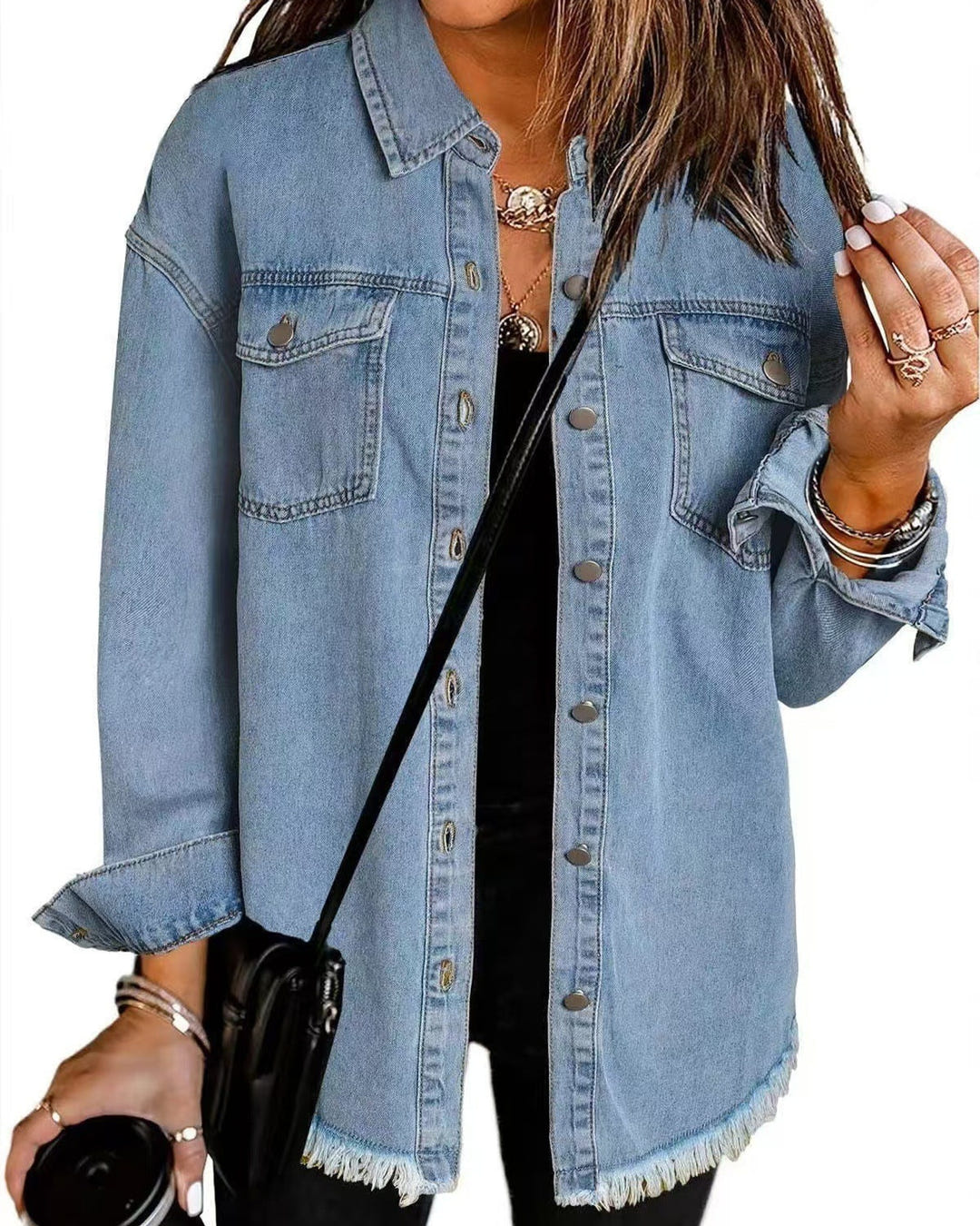 Hetty | Frayed-Hem Denim Shirt Jacket – Light Blue