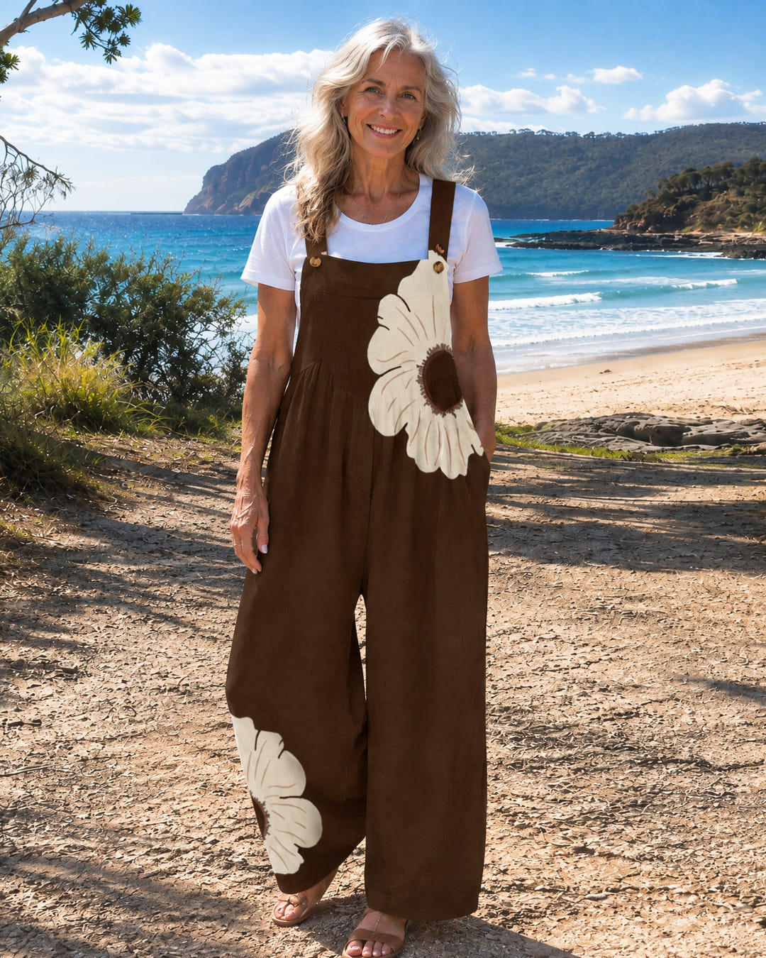Clover | Daisy Print Wide-Leg Dungarees on Bruny Island, Chocolate colourway