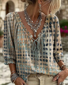 Mila | Boho Print Tie-Neck Blouse – Teal