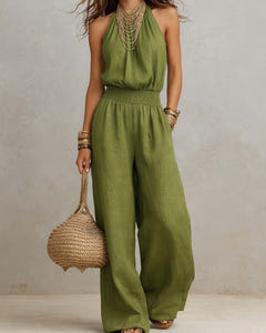Dagny | Halter-Neck Smocked Linen Jumpsuit – Green