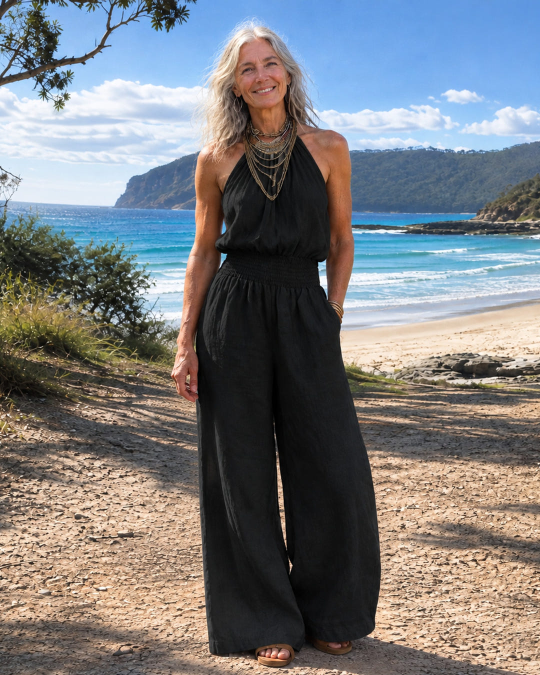 Dagny | Halter-Neck Smocked Linen Jumpsuit on Bruny Island, Black colourway