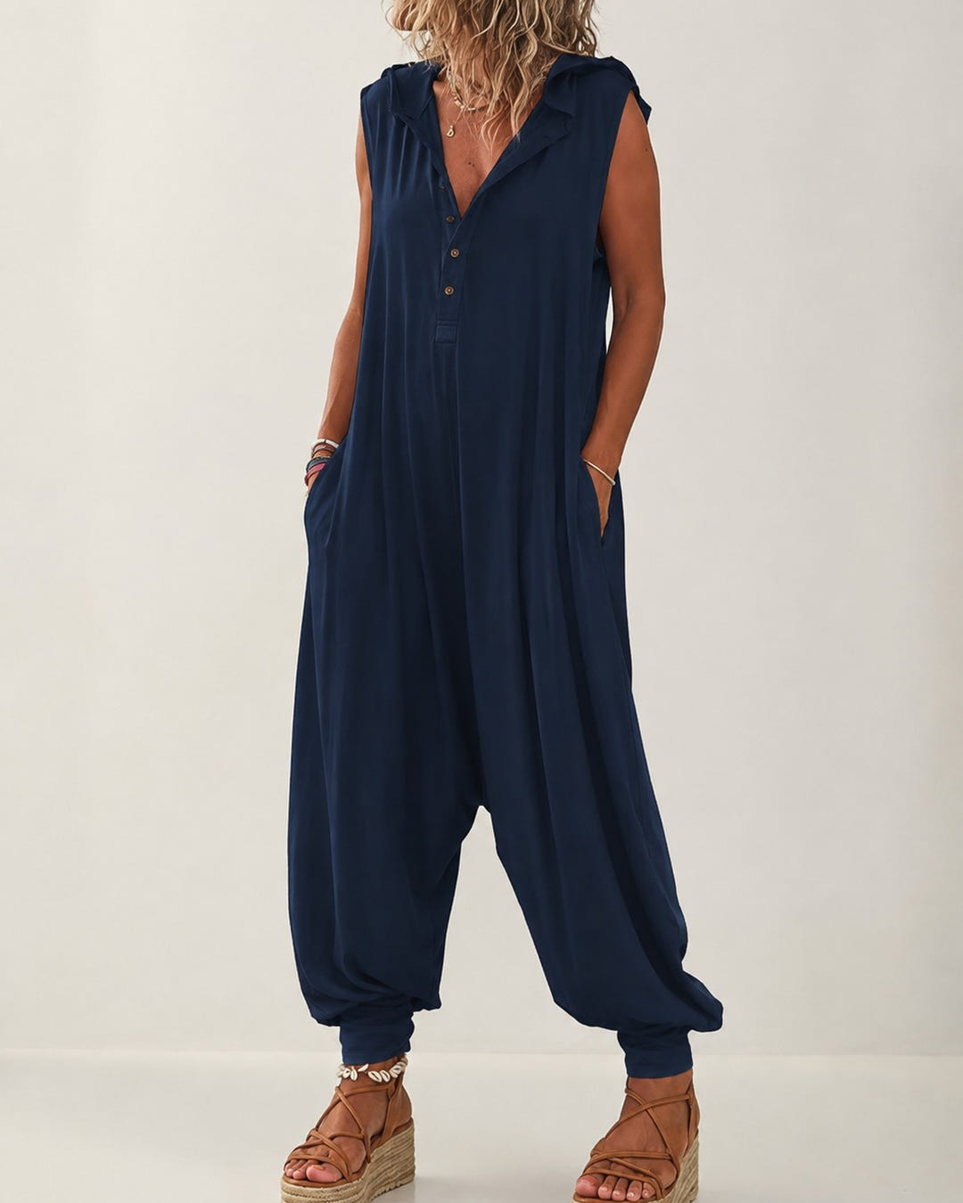 Rae | Casual Hooded Harem Jumpsuit – Navy Blue