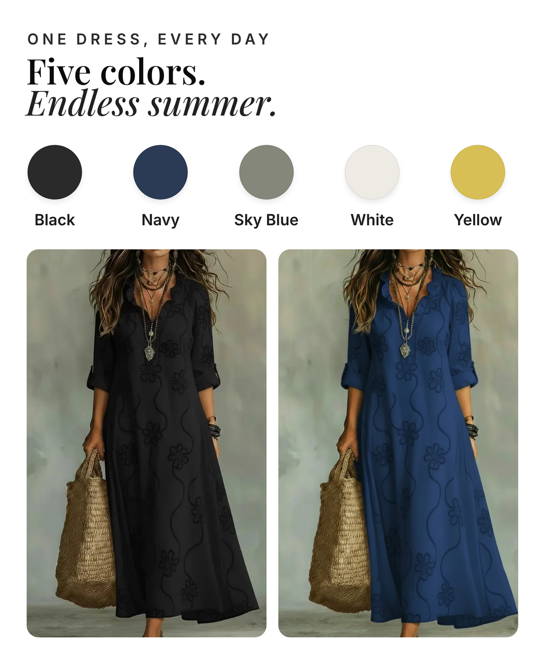 Annabel | Floral Summer Midi Dress available in 5 colours: black, navy, sky blue, white, yellow