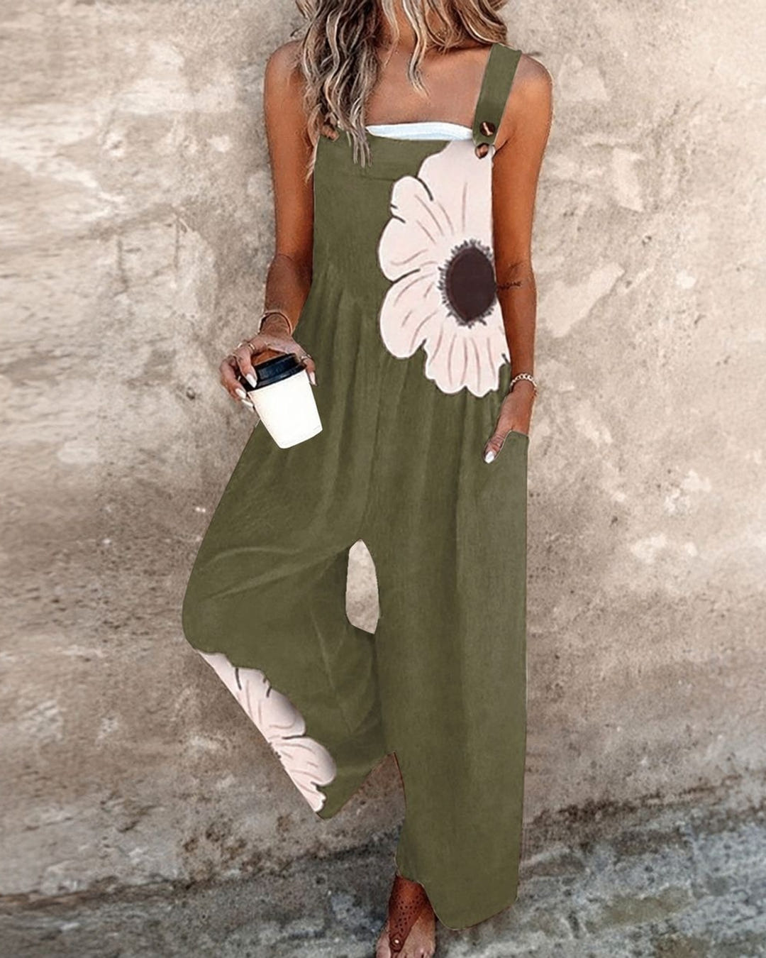 Clover | Daisy Print Wide-Leg Dungarees – Olive