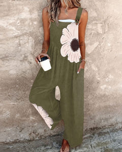 Clover | Daisy Print Wide-Leg Dungarees – Olive