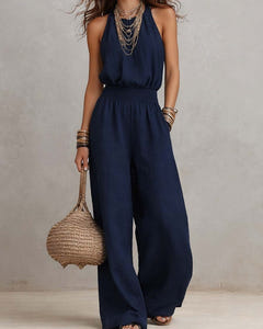 Dagny | Halter-Neck Smocked Linen Jumpsuit – Navy Blue