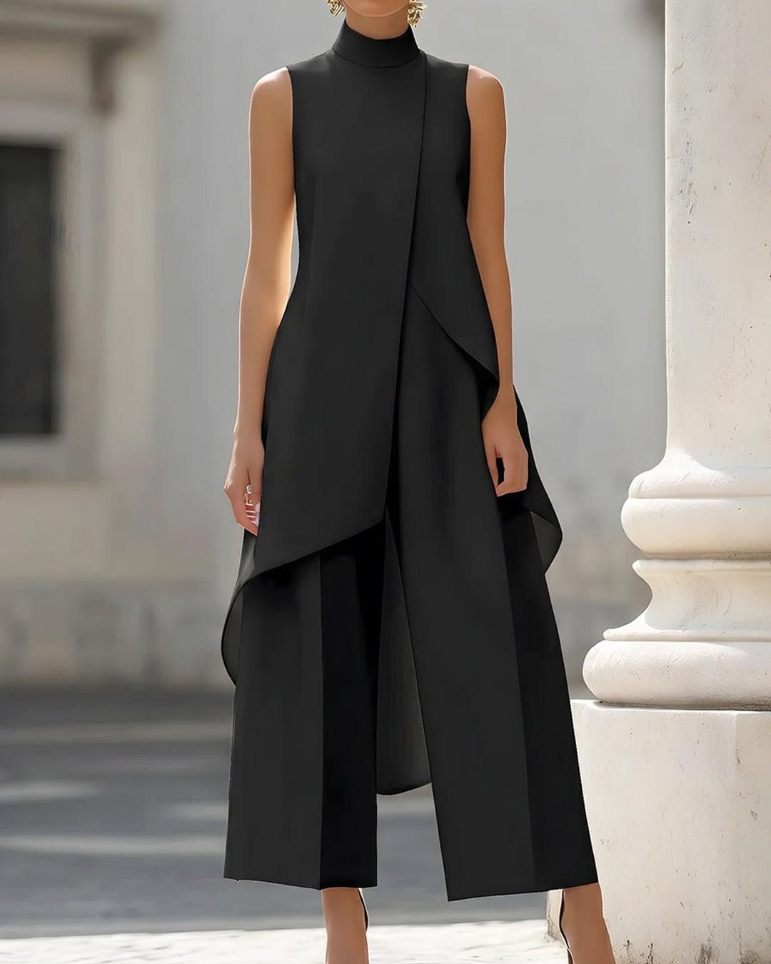 Sylvie | Asymmetric Layered Wide-Leg Jumpsuit – Black