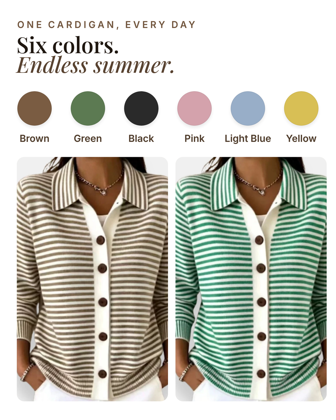 Basia | Striped Button Cardigan available in 6 colours: brown, green, black, pink, light blue, yellow