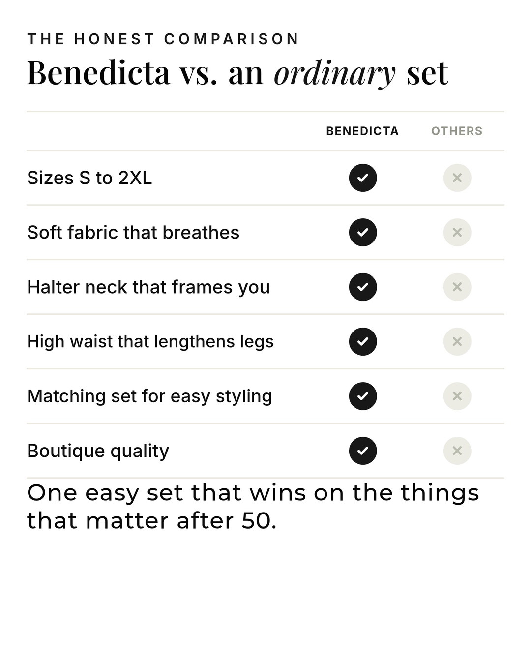 Benedicta | Flowing Two-Piece Set versus an ordinary garment comparison