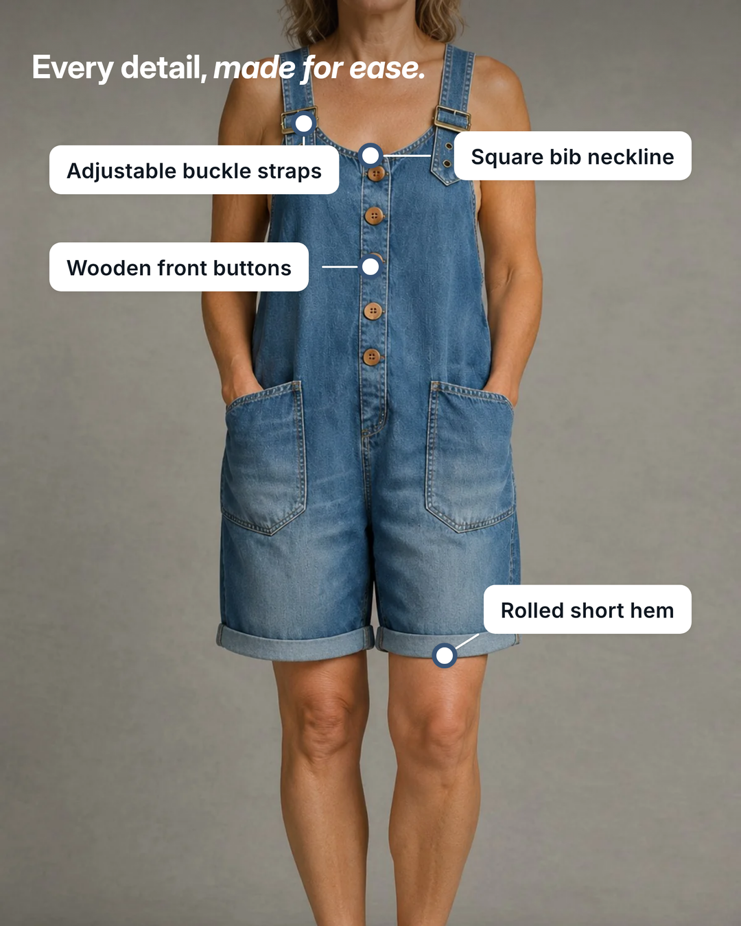 Billie | Relaxed Denim Overall Shorts details